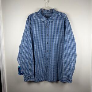 Fish Hippie Plaid Blue Gray Checkered Button Down L/S Shirt Size 2XL Preppy